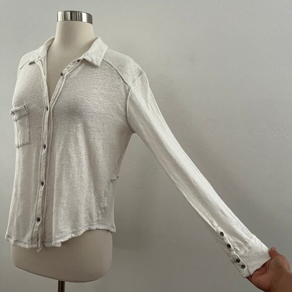 Free People We the Free Caroline Contrast Stitch Slub Shirt Linen Large White - Picture 6 of 11